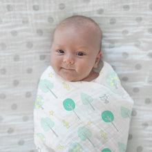 Load image into Gallery viewer, Green Woodland Muslin Swaddle Blanket, Premium Cotton
