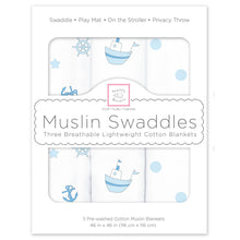 Load image into Gallery viewer, Muslin Swaddle Blankets (Set of 3), Little Ships
