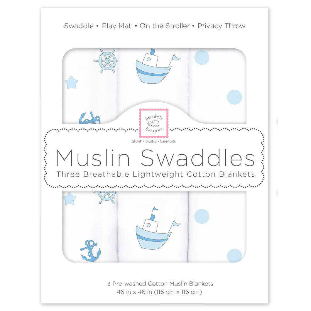 Muslin Swaddle Blankets (Set of 3), Little Ships